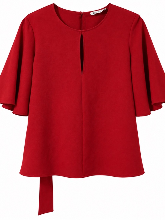Zara Tops - Zara Crimson Keyhole Flutter-Sleeve Blouse